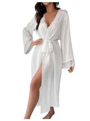 GORGLITTER Women's Long Bride Lace Satin Robe Kimono Long Sleeve Sexy Lingerie Bridesmaid Robes V Neck Sleepwear