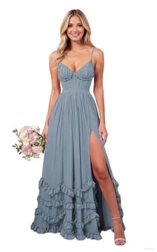 SNOWROSE Chiffon Ruffle Bridesmaid Dresses for Women V Neck Corset Spaghetti Straps Ruched Long Formal Dress with Slit