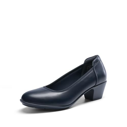 DREAM PAIRS Women's Low Chunky Heels Comfortable Block Work Pumps Closed Round Toe Dress Shoes for Office Business,Size 9.5,Navy,DWUMPU2547