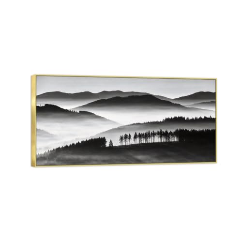 Tableau toile paysage montagne arbre noir et blanc 65x130cm cadre doré pour salon