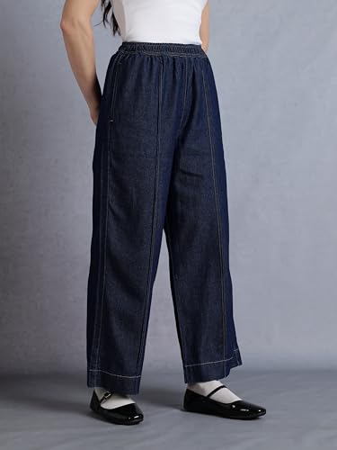 Image of INKD Women's Wide Leg Jeans- 100% Cotton | Mid-Rise | Elasticated Waistband | Pintuck Details | Comfort Fit | Palazzo Pants for Women | Lightweight Denim for Summers (Available in Plus Sizes)