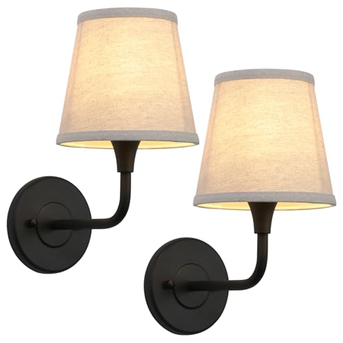 Image of Phansthy Hardwired Brass Boho Wall Sconces Set of 2, Vintage Industrial Wall Lamps, Vanity Sconces Wall Lighting with Natural Fabric Shade for Bathroom Bedroom Living Room (Black + Linen Shade)
