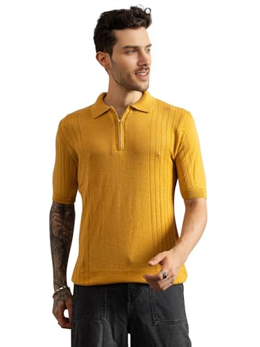 Image of CHKOKKO Men's Knitted Textured Pure Cotton Polo Neck T Shirt for Men | Stylish Soft Summer Wear Half Sleeves Solid Color | Casual Regular Fit Ribbed Cuff & Hem