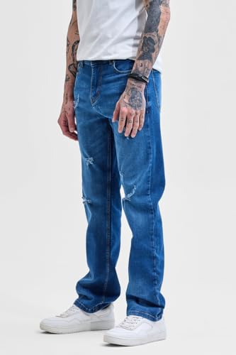 Image of SNITCH Men Jeans Casual Wear | Straight Fit Mid Rise Solid Pattern | Comfortable Cotton Blend with Medium Stretch for All Seasons