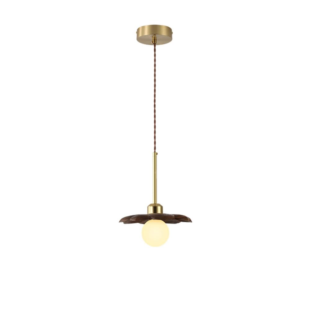HUAYUSEDF Antique Brass Brushed Pendant Light Fixture Mid Century Modern Kitchen Island Milky White Glass Hanging Lamp Vintage Walnut Wood Chandelier for Living Room Farmhouse Dining