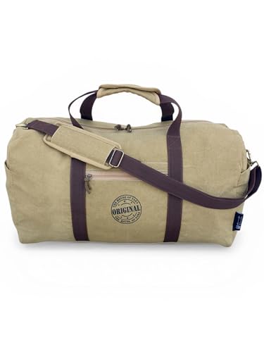 Image of The House of Tara Canvas Travel Duffle Bag | 53 litres | Sports Duffel | Gym Bags | for Men and Women | Detachable Broad Strap | Airline Carry-On Luggage | Oversize (Camel Color)