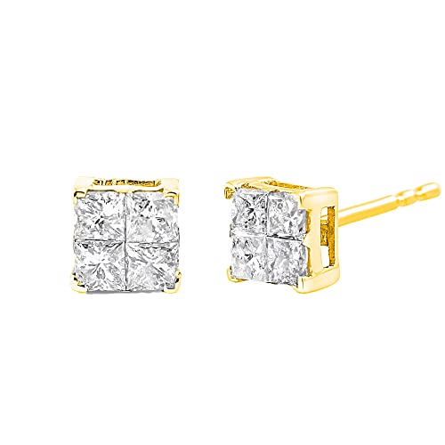10K Yellow Gold Plated .925 Sterling Silver 1.0 Cttw Princess-Cut Diamond 1/4” 4 Stone Composite Quad Square Stud Earrings (J-K Color, SI2-I1 Clarity)