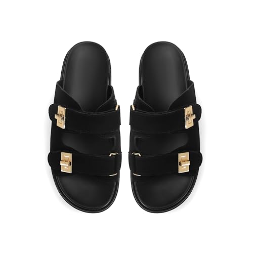 Image of SOVANYOU Suede Platform Sandals Slip on Platform Slides Open Toe Summer Beach Sandal Double Buckle Casual Vacation Shoes