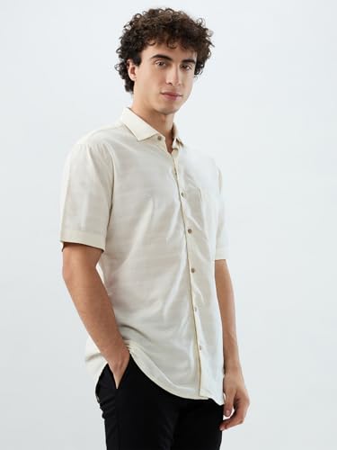 Image of Park Avenue Men Slim Fit Stripe Pattern Cotton Modal Blend Resort Collar Half Sleeve Casual Shirt