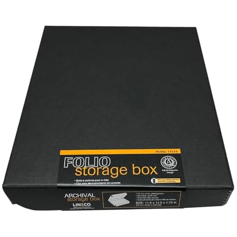 Lineco Folio Storage Box. Archival Clamshell with Metal Edge Boxboard, 11 x 14 x 1.75 Inches, Longevity Organize and Store Photos Documents Craft Cards Magazine Prints Wedding Dresses DIY, Black Cover