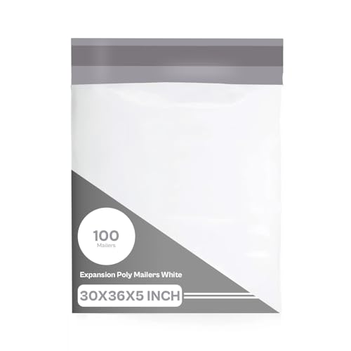 Shield Mailer Expansion Poly Mailers, 30 x 36 Inch, 100 Pack, Expandable Gusseted Shipping Envelope For Bulky Items Like Books & Clothing, Self Seal, White/Grey