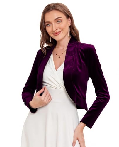 Image of Women's Long Sleeve Velvet Shrug for Dresses Cocktail Party Open Front Cropped Bolero Cardigan Top