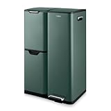 Tower Recycling Pedal Bin, Three Individual Compartments with Removable Inner Buckets, Carbon Steel Body, 60L, Forest Green