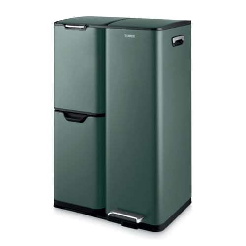 Tower Recycling Pedal Bin Three Individual Compartments with Removable Inner Buckets Carbon Steel Body 60L Forest Green T838024FOR