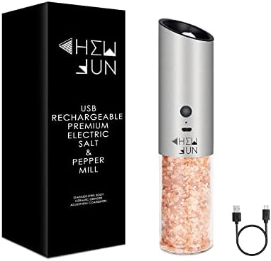 USB Rechargeable Electric Gravity Salt and Pepper Grinder Set with Adjustable Coarseness Automatic Pepper and Salt Mill with White LED Light,One Hand Operated,Brushed Stainless Steel by CHEW FUN