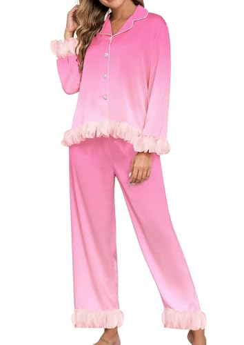 Image of Brosloth Womens Silk Pajamas Set Long Sleeve Satin Button Up Sleepwear | Cute Soft Fall Pjs Sets, Lace 2 Piece Lounge Set, Elegant Bridesmaid Pajama, Skin Friendly Sleepwear for Wedding, Honeymoon