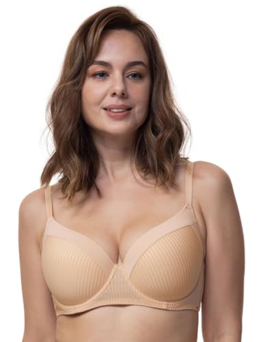 Dorina Carmen Sujetador Demi Levemente Acolchado - Tejido Microfibra con Rayas Burnout, Soporte con Aros, Alas U de Malla Elástica, Correas Ajustables y Cierre de Gancho y Ojo de Tres Estrías, Beige