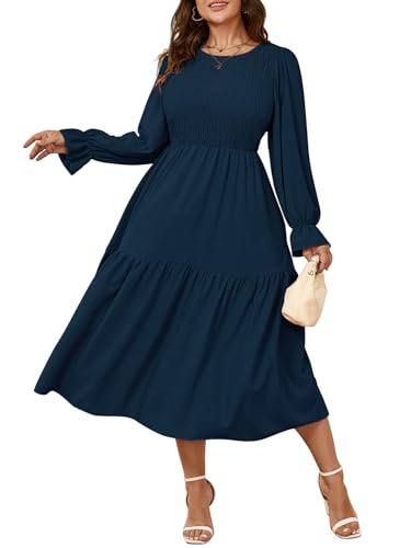 Image of SHESTARR Women's Plus Size Dress Long Sleeve Crewneck Smocked Tiered Flowy Boho Wedding Party Maxi Dresses