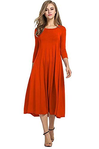 Womens Ladies Plain Jersey Swing Dress Casual Long Sleeve Midi Dress Skater UK Size (Red, 16-18)
