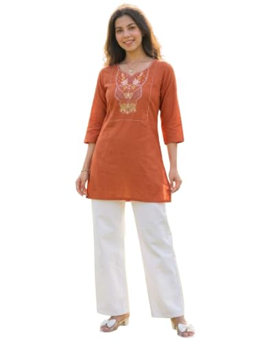 Image of Cotton Blend Embroidered Straight Kurta for Women | Cotton Blend | 3 /4 Sleeve | Round Neck V-Slit | Ethnic Wear Casual Wear