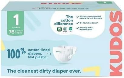 Kudos Chlorine Free Premium Diapers, Cotton-Lined, (Size 1, 76 Count, 7-12 lbs)