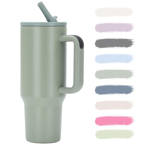 ステンレス タンブラー ストロー付き 1200ml 水筒 保冷保温 大容量 蓋付き ステンレスボトル こぼれない ウォーターボトル 持ち運び 取っ手付 真空断熱 広口 直飲み 漏れない アウトドア おしゃれ (グレーグリーン)