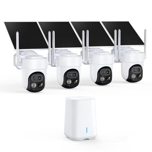 PIOJER Dual-Lens Outdoor Wireless WiFi Security Camera System for Home No Subscription Required Solar Powered 4-Cam Kit 360 Pan & Tilt Auto Tracking Color Night Vision Easy Setup