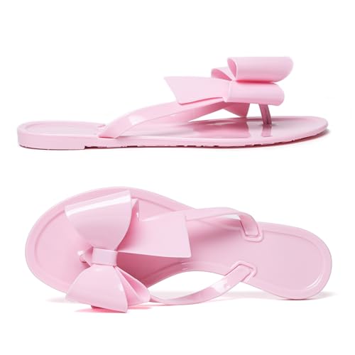 Image of Mtzyoa Women Flip-Flops Flat Sandals Jelly Bow Beach Flat Rivets Rain Cute Dressy Summer Sandals