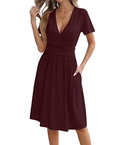 Image of KUOTAI Women's Summer Short Sleeve Casual Dresses Wrap V Neck Beach Outfits Party Flowy Dress with Pockets, Wind Red, XX-Large