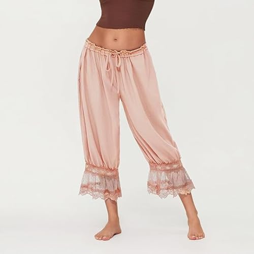 Image of KOSUSANILL Women Long Bloomer Pants Lace Trim Ruffle Pantaloons Cropped Lounge Pajama Bottoms Y2K Capri Pettipants