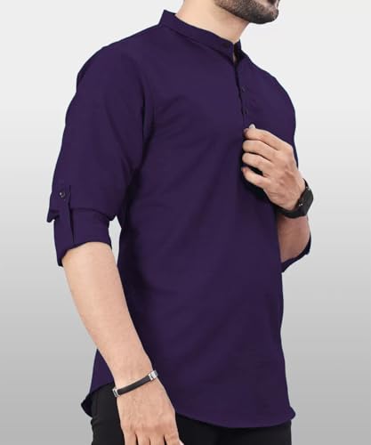 Image of DEEMOON Men's Regular Fit Solid Sprad Collar Casual Shirt with a Trendy Mandarin Collar Crafted from a Premium Cotton Blend