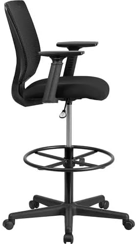 Ergonomic Mesh Drafting Stool with Adjustable Arms, Lumbar Support & Height-Control Foot Ring – Swivel Mid-Back Drafting Chair for Office or Studio, Black