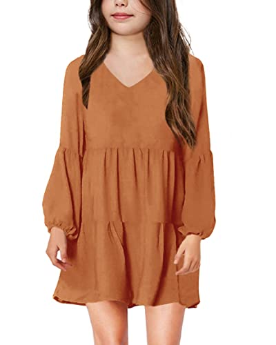 Imily Bela Girls Casual Tunic Dresses V Neck Long Short Sleeve School Party Swing Dress 5-14 Years Orange