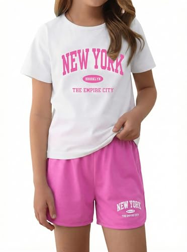 Image of Girls 2 Piece Summer Outfits Graphic Tee and Elastic Waist Shorts Set Activewear White Pink 9-10 Years