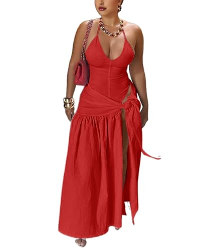 Image of Two Piece Skirt Set Women Sexy Halter Backless Bodysuit and Wrap Tied High Split Summer Maxi Skirt Set