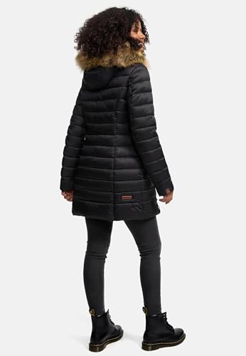 MARIKOO Damen Wintermantel warmer Steppmantel lang mit Kapuze und abnehmbarem Kunstfell-Kragen Rose Schwarz Gr. XL