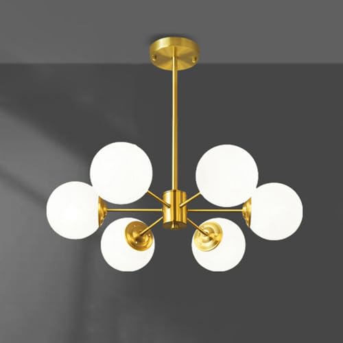 Luminaire suspendu 6 lumières en verre blanc et finitions dorées élégantes