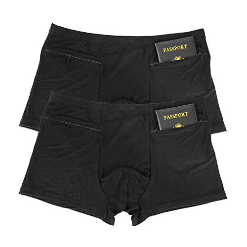 LUEXBOX Pocket Underwear for Men with Secret Hidden Pocket, Travel Boxer Briefs, 2 Packs (Black)2