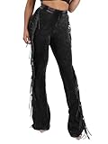KANSOON Flared Leggings Women High Waisted Tassels Side Washed Distressed Stretch Slim Fringe Bootcut Workout Pants Black L