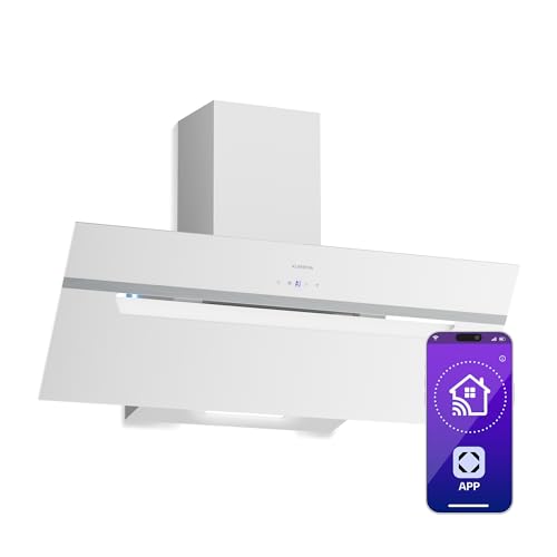 Klarstein BigBite Hotte Aspirante 90 cm - Hotte Décorative Inclinée, 417 m³/h, A+++, LED, 3 Vitesses & Boost, Filtre Charbon, Tactile, Recyclage ou...