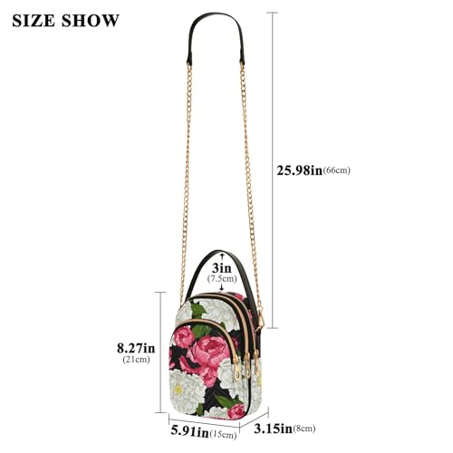 Pink White Peonies Floral Shoulder Handbags for Women Phone Handbag Small Chain Purse Floral Print Zipper Designer Bowler Tote, 5.9" × 8.3" × 3.1"3