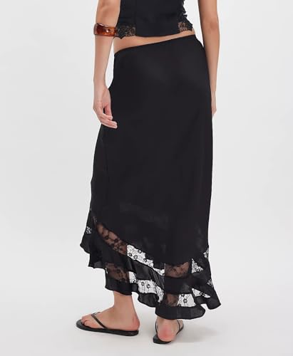 Women Lace Patchwork Satin Maxi Skirt Fishtail Long Flowy Silk Skirts Silky Maxi Slip Skirt Elegant Fall Skirts 20253