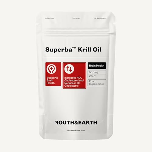 Youth & Earth Aceite de Krill Superba™ 500mg (60 Cápsulas Blandas) - Fuente de Omega 3 EPA, DHA y Astaxantina - Manejo del Colesterol - Soporte para la Salud Cerebral