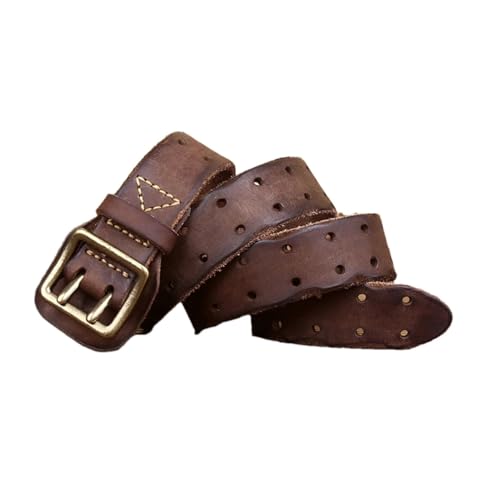 Pohullan Men Leather Double Brass Metal Pin Belt 3.8cm Wide Vintage Adjustable Leather Belt