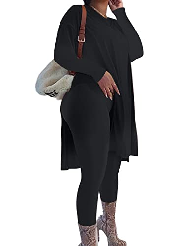 Kafiloe Women 2 Piece Outfit Long Sleeve V Neck Tunic Top And Bodycon Stacked Legging Tracksuit Setsblack L #TOP29