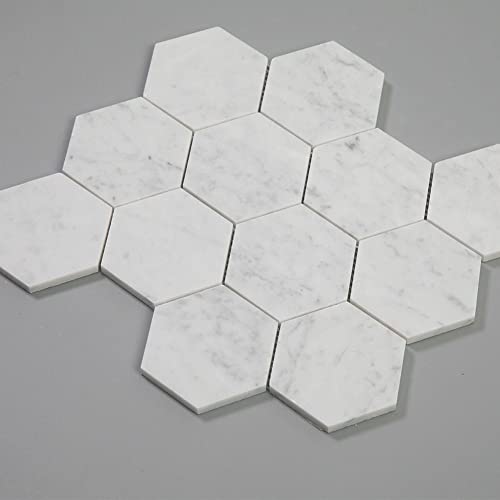 Soulscrafts Italian White Carrara Marble 4 Inch Hexagon Mosaic Tile Matte For Kitchen Backsplash Bathroom Wall & Floor Tile 5 Sheets/Box #TOP2