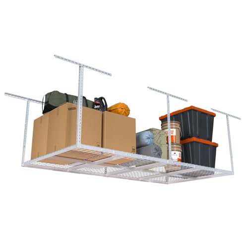 4ftx8ft-Overhead-Garage-Storage-Rack-Heavy-Duty-Metal-Garage-Ceiling-Storage-Rack-22-40-Adjustable-Ceiling-Drop-Down-600-lb-Loading-Weight-Capacity-White 4ftx8ft Overhead Garage Storage Rack, Heavy-Duty Metal Garage Ceiling Storage Rack, 22''-40" Adjustable Ceiling Drop-Down, 600 lb. Loading Weight Capacity, White - Image 1