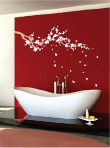 Calcomanía de vinilo grande con ramas de cerezo japonés para decoración de habitación de niñas (marrón claro, rosa claro, blanco, 24 x 60 pulgadas)