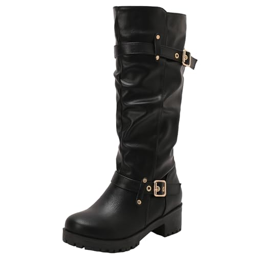 Womens Elegant Block Heel Slouch Boots Round Toe and Slip-on Knee High Boots for Casual Outfits