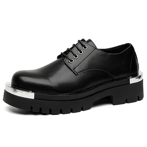 Men's Lace-Up Metal-Plate Patent Leather Platform Oxfords Round Toe Casual Chunky Heels Height Increasing Derby Shoes
